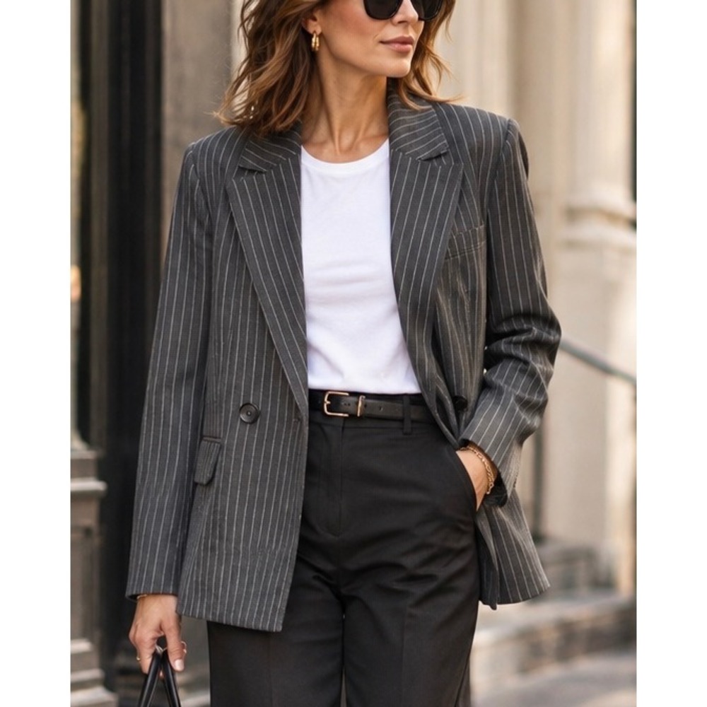 ANINE BING Becky Blazer S Gray Pinstripe Double Breasted Boxy Menswear